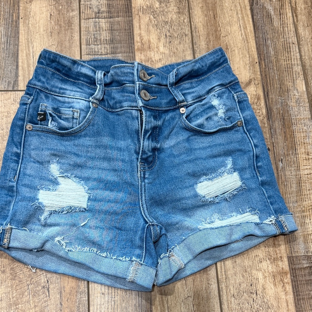 Kancan High-Waist Distressed Denim Shorts - Blue